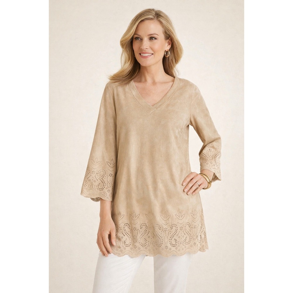 Chico's Faux Suede Tunic‎ Top 2 L Tan Beige Eyelet Scalloped Bell Sleeve V-Neck
